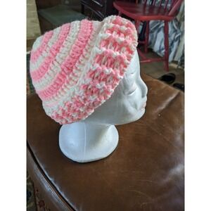 Hand Knit Winter Beanie Hat Pink White Stripe One-Size Great Stocking Stuffer‎